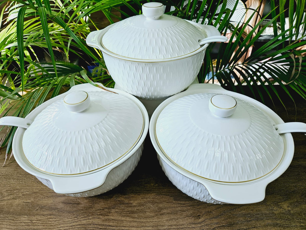 Set of 3 Large White Ceramic Serving Bowls with Serving Spoons – 4L Round Salad, Soup & Fruit Bowl Set