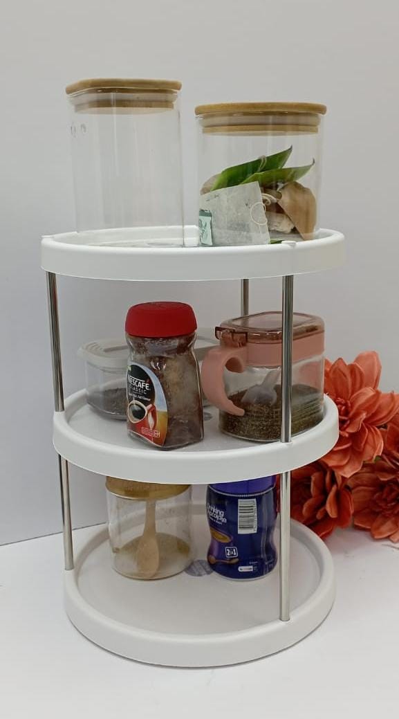 3-Tier Rotating Kitchen Storage Rack & Spice Organiser – Plastic & Stainless Steel Stand
