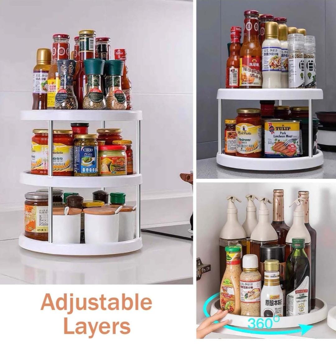3-Tier Rotating Kitchen Storage Rack & Spice Organiser – Plastic & Stainless Steel Stand