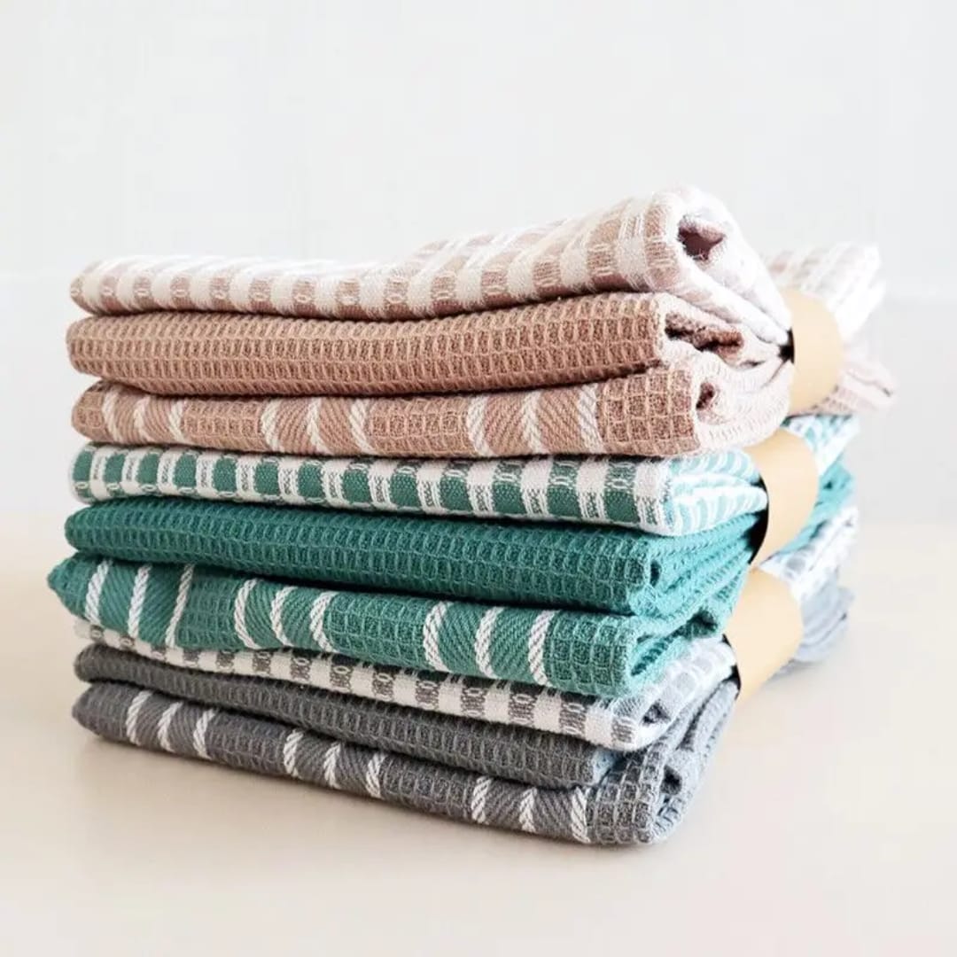 Waffle Weave Kitchen Towel Set of 3 – Checked Pattern, Soft Absorbent & Quick Dry