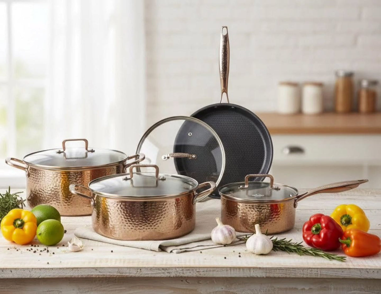 Uakeen Germany 9-Piece Gold Triply Stainless Steel Cookware Set Kenya | Hammered Pattern Cooking Pots & Deep Frying Pan with Lids, Non-Stick Mirror Polish Casserole Set, All Cooktop Compatible Sufuria Set