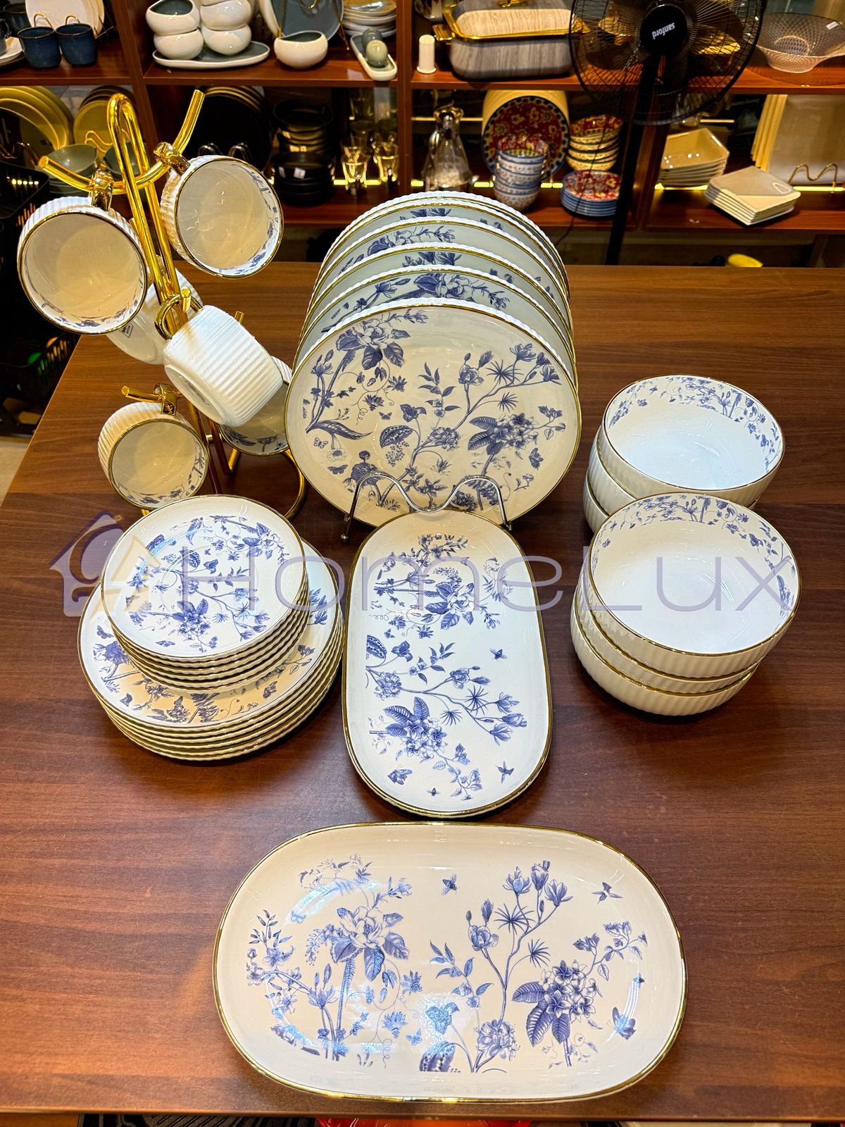 Danny Home 32-Piece Porcelain Dinnerware Set | Blue Floral Gold Edge Dinner Set with Cups, Saucers, Bowls & Oval Platter