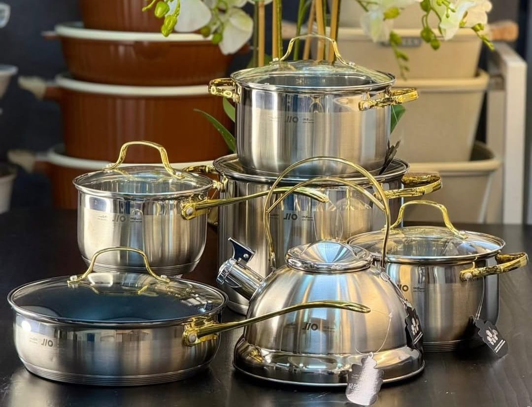 JIO 12-Piece Stainless Steel Cookware Set with Kettle | Mirror Polish Non-Stick Pots, Pans & Kettle Set