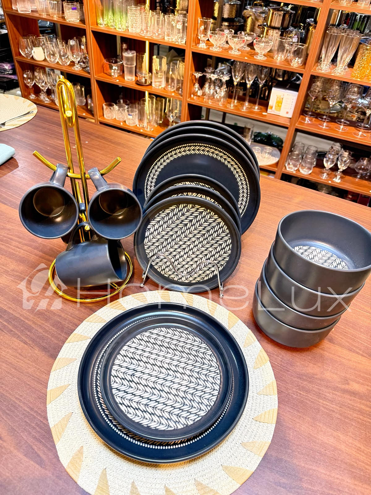 Black Floral Ceramic Dinner Set 24 Piece โ Flowered Plates, Bowls & Mugs, Service for 6