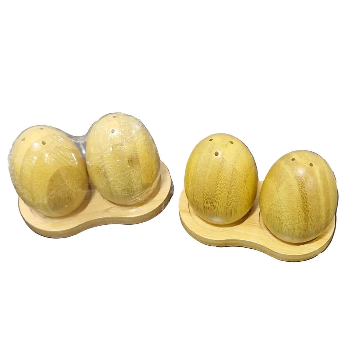 Bamboo Salt & Pepper Shaker Set with Wooden Tray – Egg-Shaped Natural Wood Spice Dispensers, 3 Piece