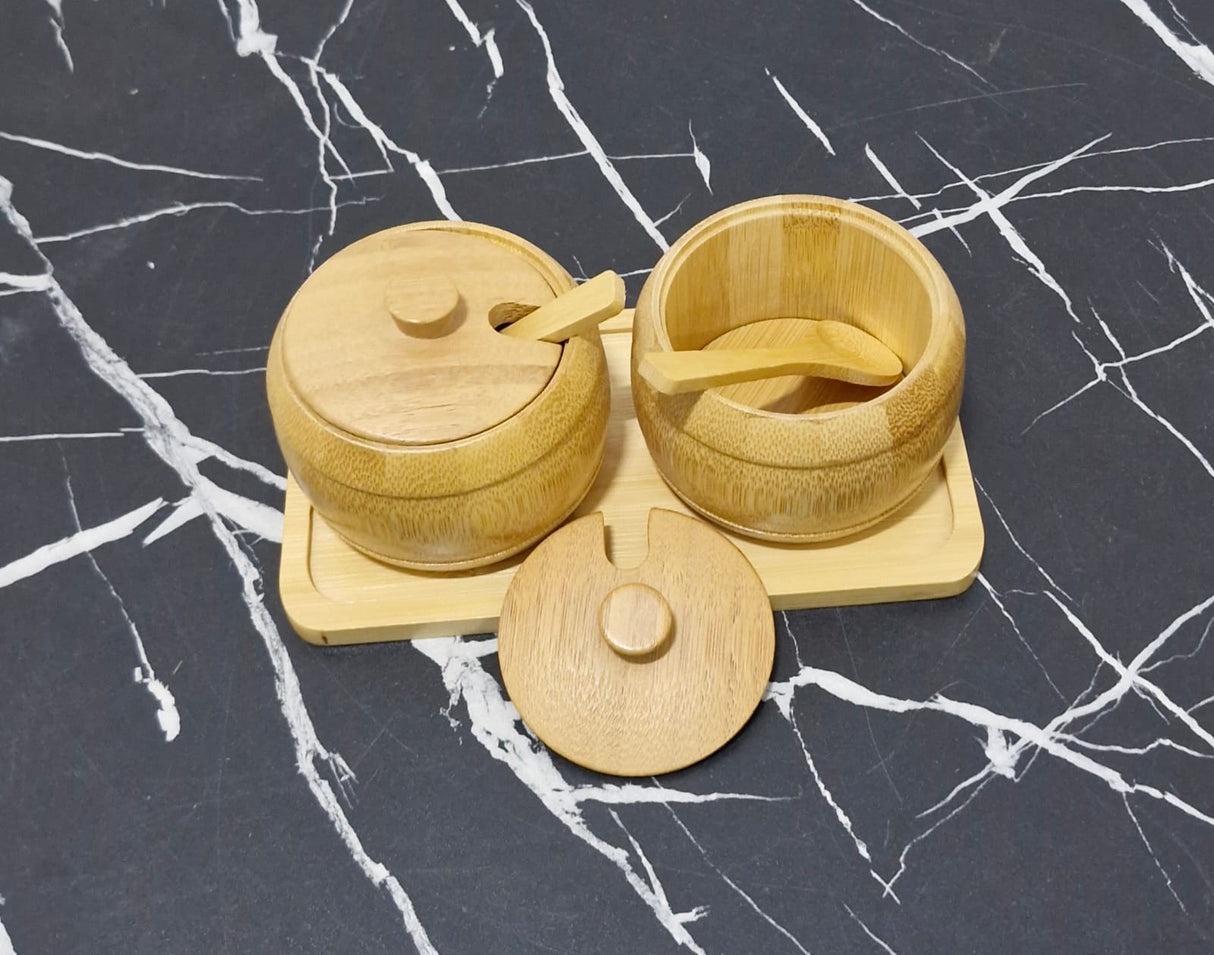 Bamboo Condiment Jar Set with Spoon & Tray – Eco-Friendly Natural Wood Salt & Spice Storage Container, 3 Piece