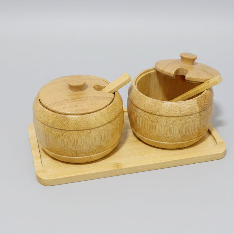 Bamboo Condiment Jar Set with Spoon & Tray – Eco-Friendly Natural Wood Salt & Spice Storage Container, 3 Piece