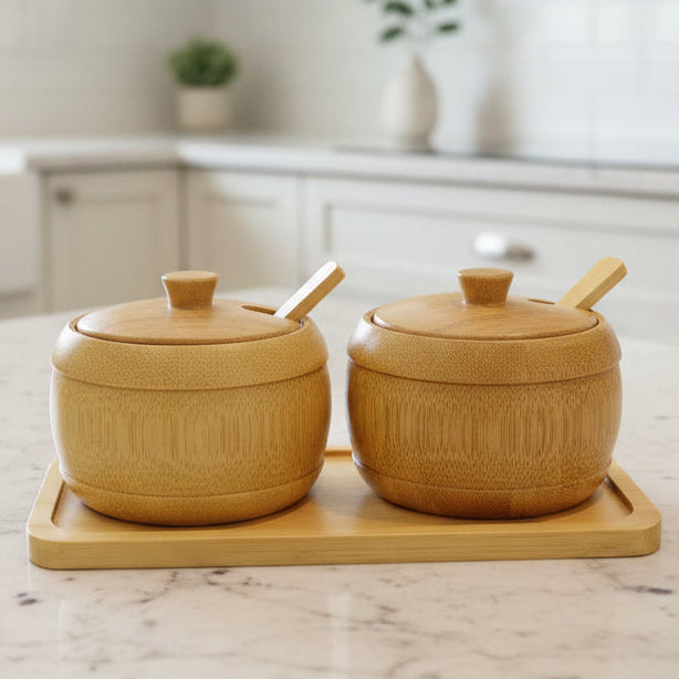 Bamboo Condiment Jar Set with Spoon & Tray – Eco-Friendly Natural Wood Salt & Spice Storage Container, 3 Piece