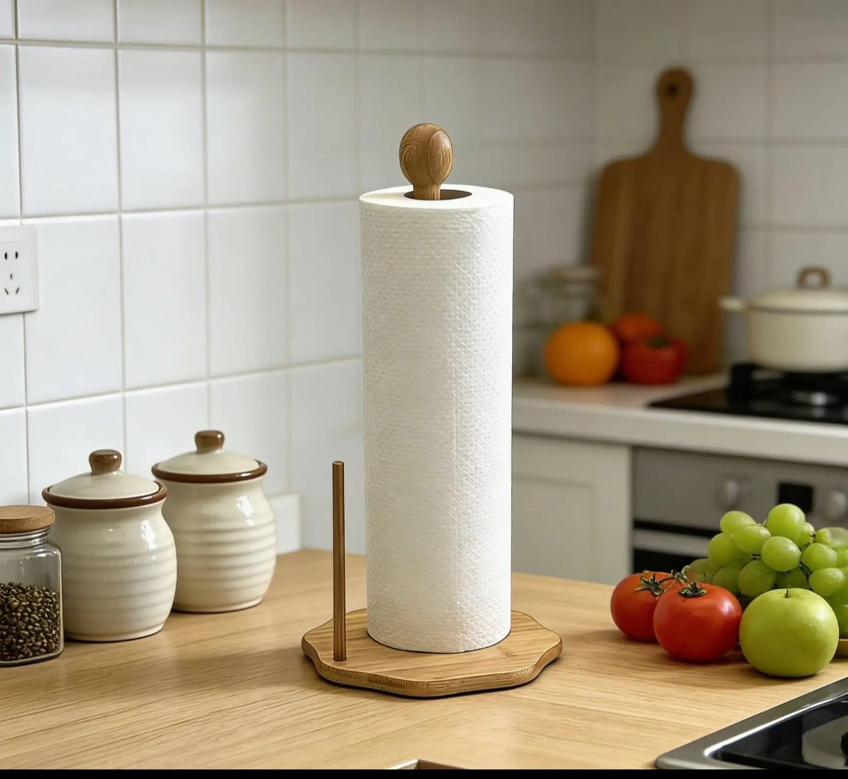 Bamboo Paper Towel Holder with Weighted Base – Freestanding Kitchen Roll Stand with Ball Top, One-Hand Tear