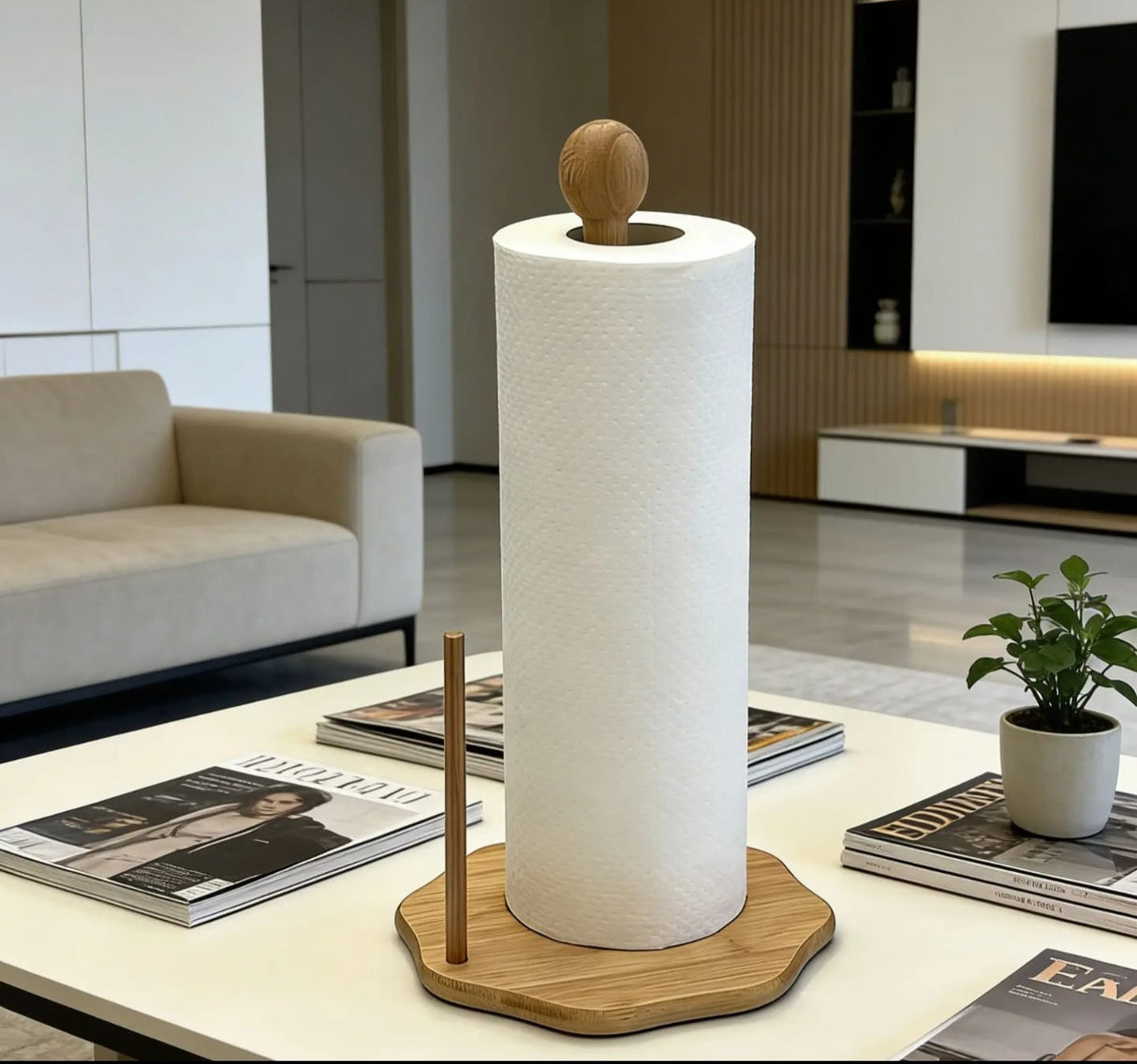 Bamboo Paper Towel Holder with Weighted Base – Freestanding Kitchen Roll Stand with Ball Top, One-Hand Tear