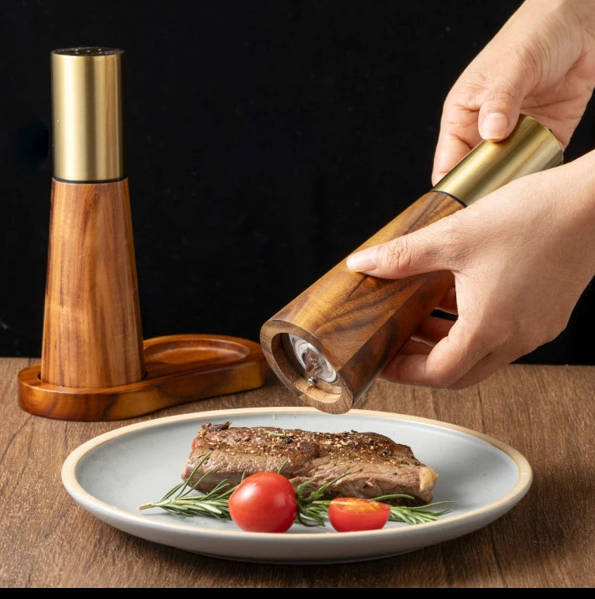 Bamboo Salt & Pepper Grinder Set with Wooden Tray – Elegant 3 in 1 Handheld Ceramic Core Mills, Stainless Steel Top