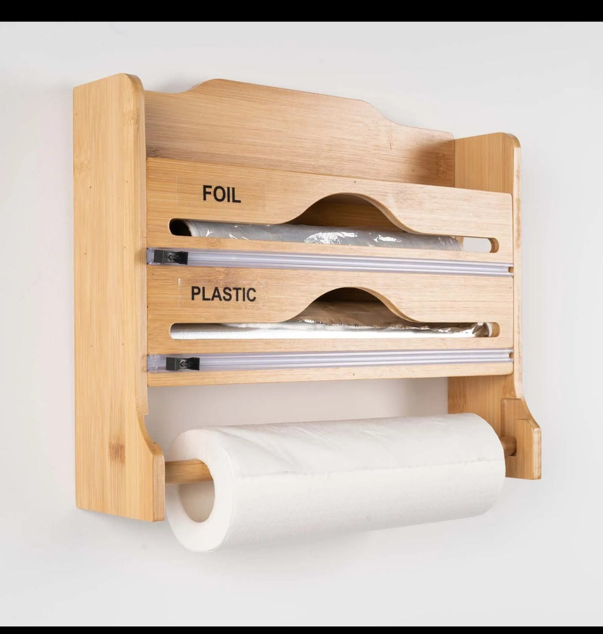 Wall Mounted Bamboo Wrap Dispenser & Kitchen Organizer – 3 in 1 Cling Film, Foil & Paper Towel Holder with Sliding Cutters