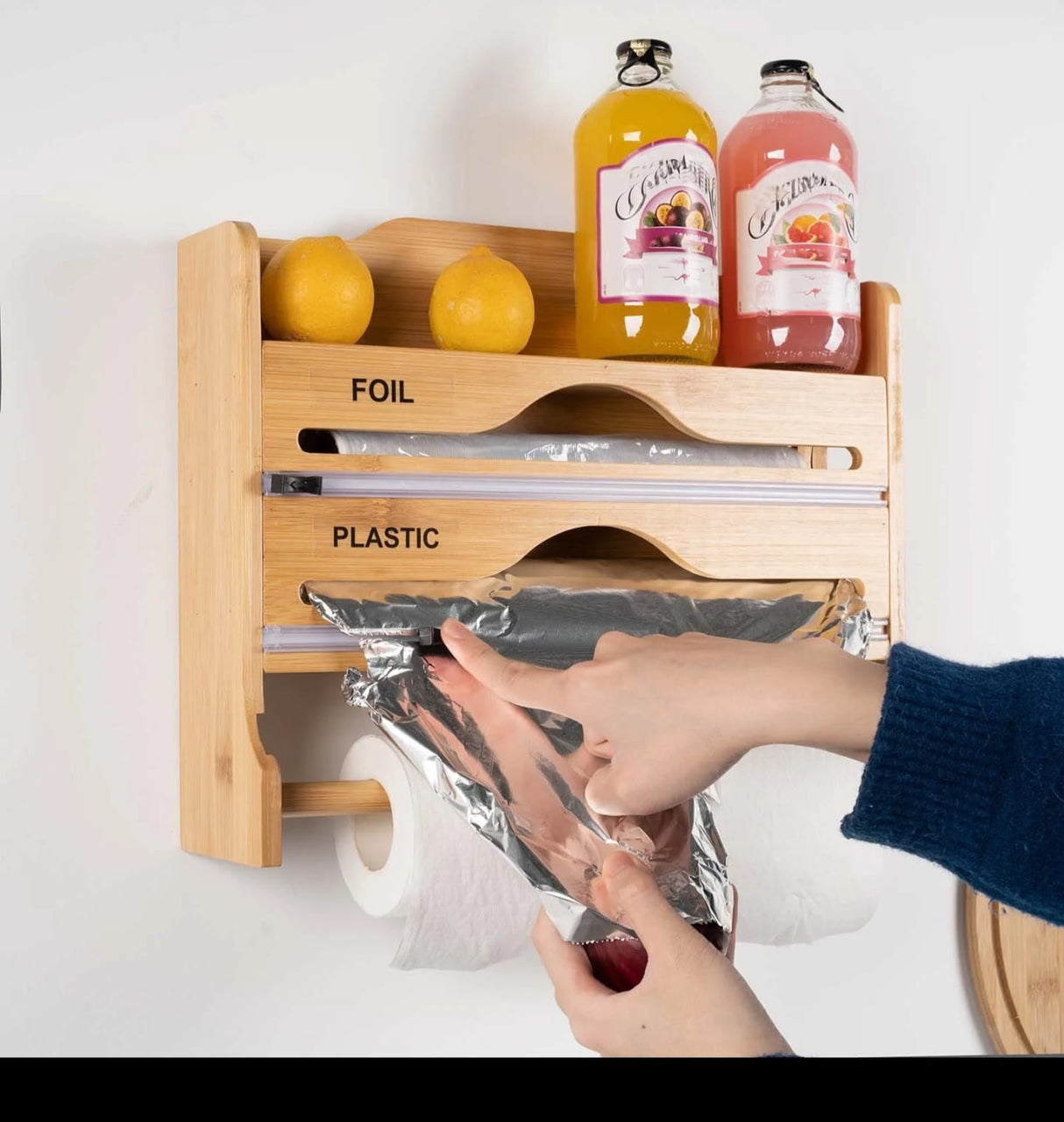 Wall Mounted Bamboo Wrap Dispenser & Kitchen Organizer – 3 in 1 Cling Film, Foil & Paper Towel Holder with Sliding Cutters