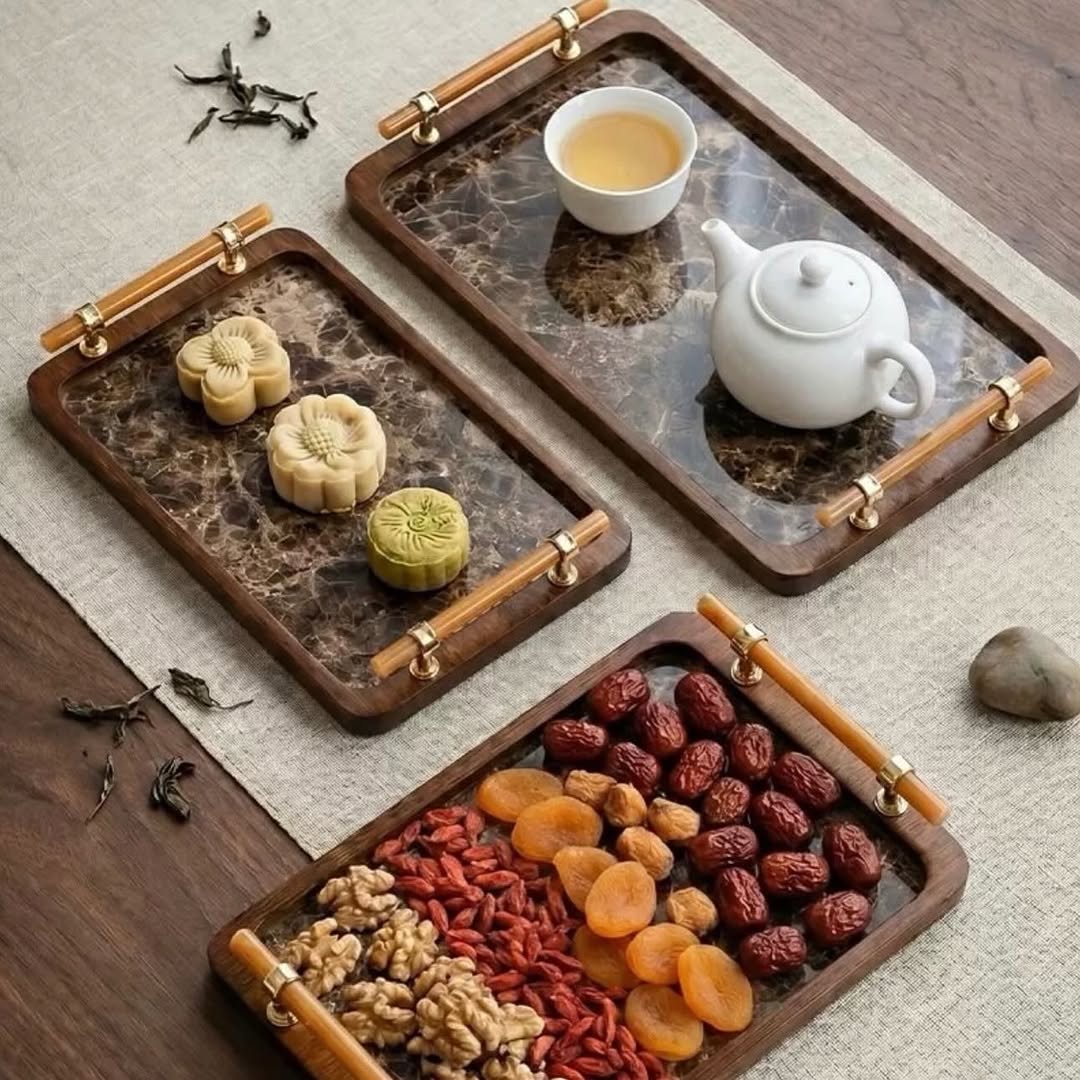 Bamboo Nesting Serving Trays with Grey Handles – Modern 3 Piece Tray Set with Raised Edges for Serving, Coffee Table & Vanity