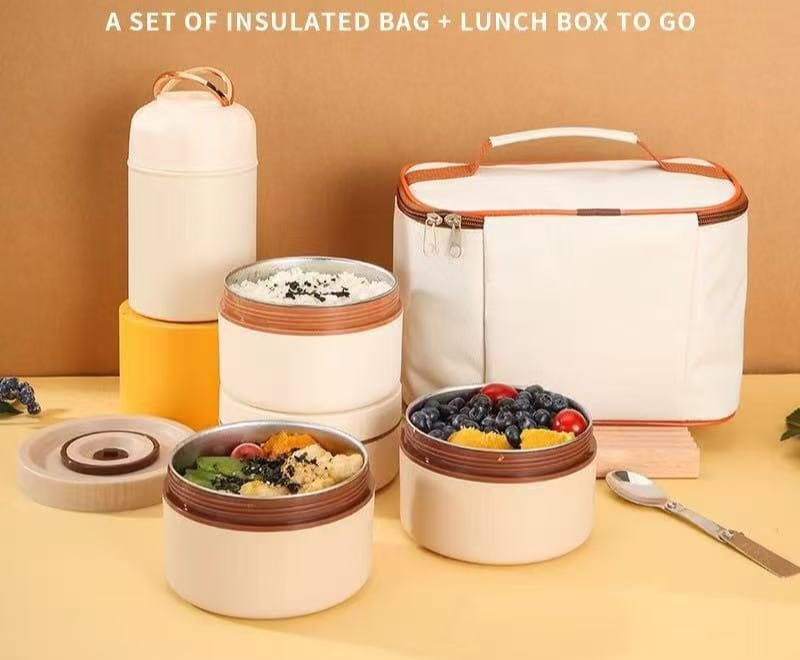 3-in-1 Thermal Lunch Box Set with Flask & Insulated Bag – 7 Pcs