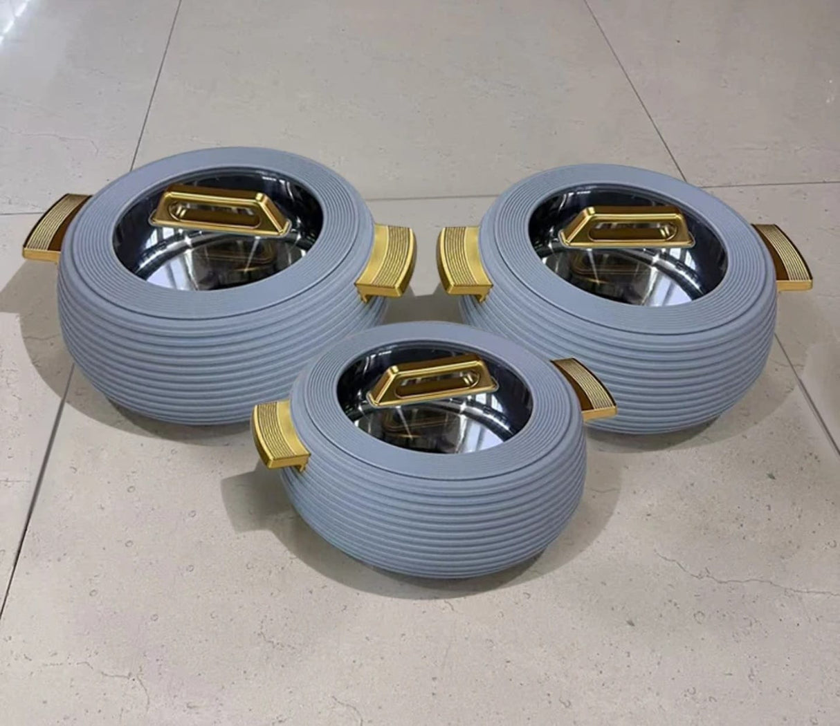 3pc Ribbed Insulated Hotpot Set with Clear Lid Window – Double Wall Food Warmer 3L, 4L, 5L Kenya