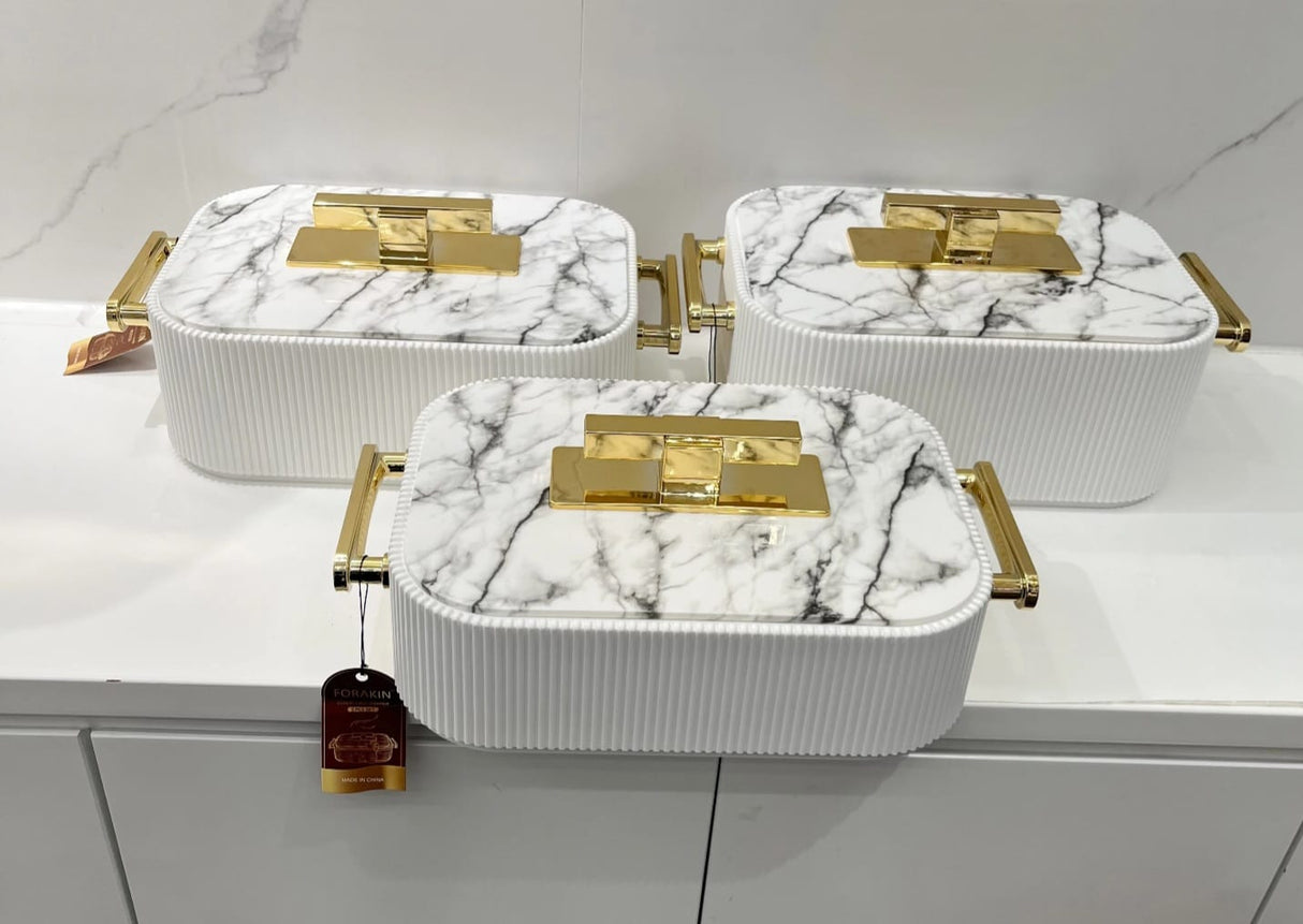 3pc Premium Ribbed Marble & Gold Insulated Hotpot Set – Double Wall Food Warmer 3L, 4L, 5L Kenya
