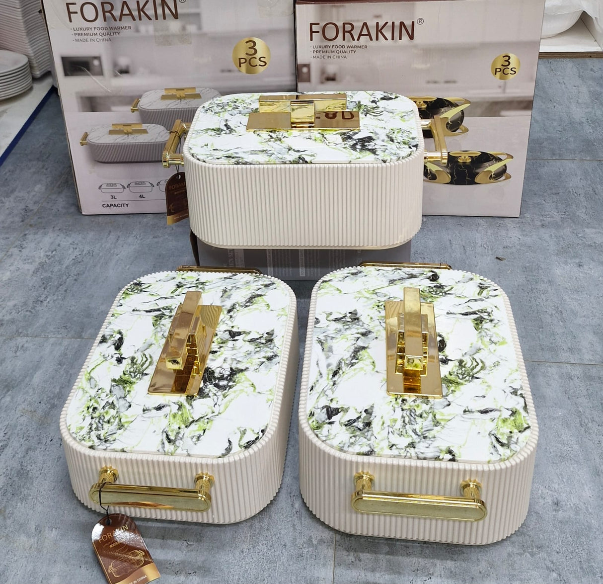 3pc Premium Ribbed Marble & Gold Insulated Hotpot Set – Double Wall Food Warmer 3L, 4L, 5L Kenya
