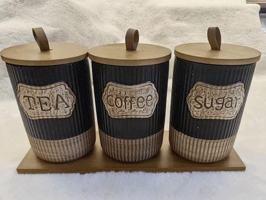 3pc Rustic Speckled Ceramic Canister Set with Wooden Tray โ Tea, Coffee & Sugar Jars Kenya
