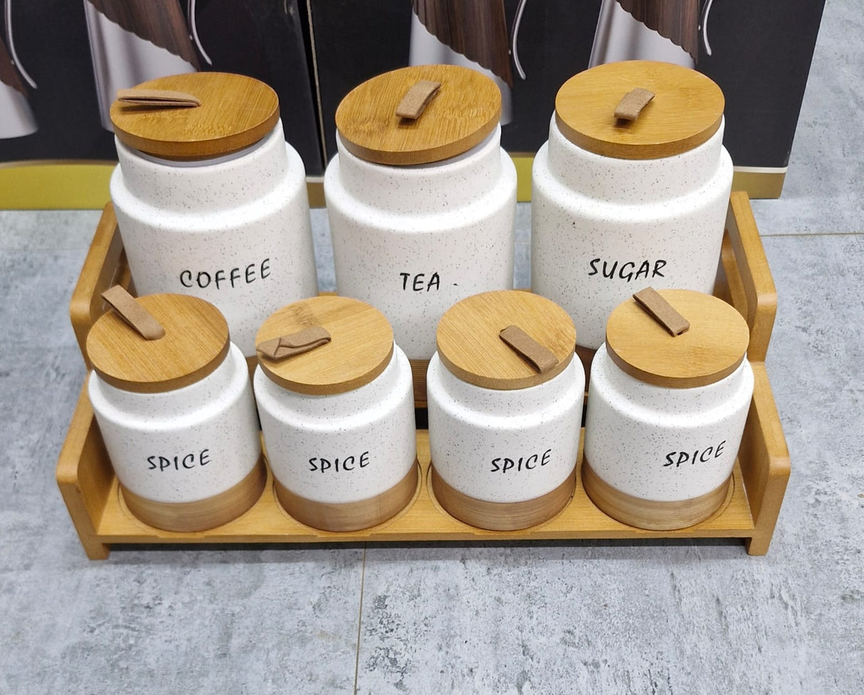 7pc White Speckled Ceramic Canister Set with Wooden Stand – Tea, Coffee, Sugar & Spice Jars Kenya