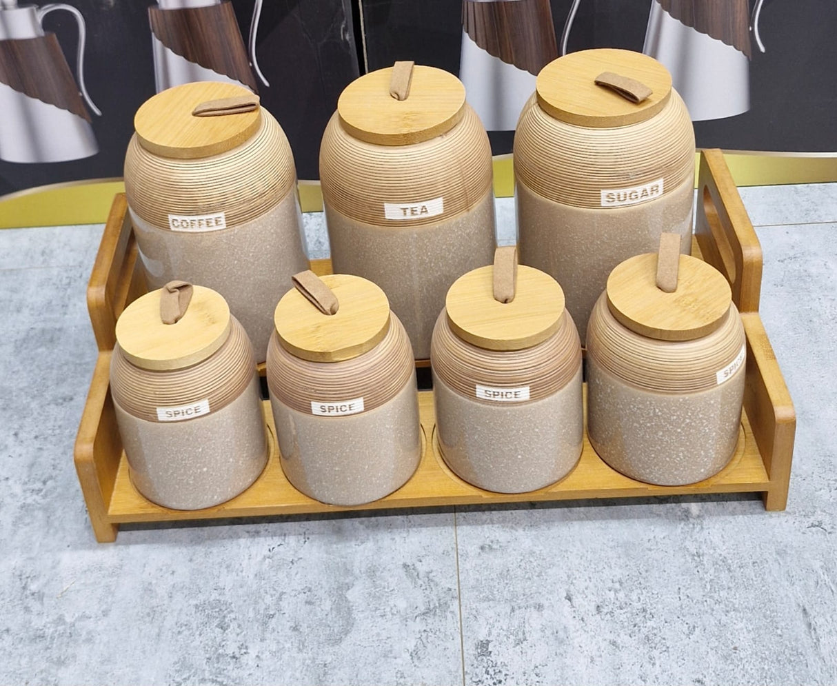 7pc Speckled Ceramic Spice Jar Set with Wooden Stand – Japandi Kitchen Storage Kenya