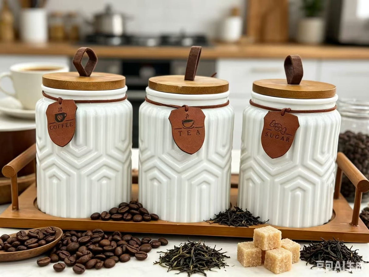 3pc Ceramic Canister Set with Wooden Tray โ Tea, Coffee & Sugar Jars Kenya