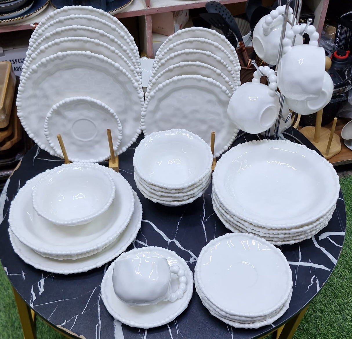 Pearl Rim 36-Piece White Porcelain Dinner Set | Beaded Edge Ceramic Dinnerware Kenya