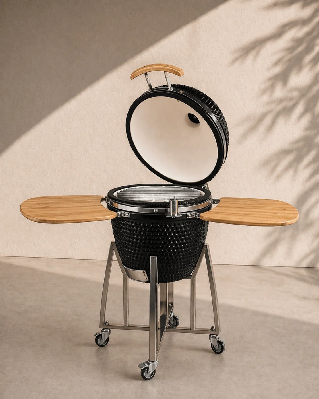 26 Inch Kamado Ceramic Charcoal BBQ Grill & Smoker, Classic Series with Side Tables and Stainless Cart (CL-26)