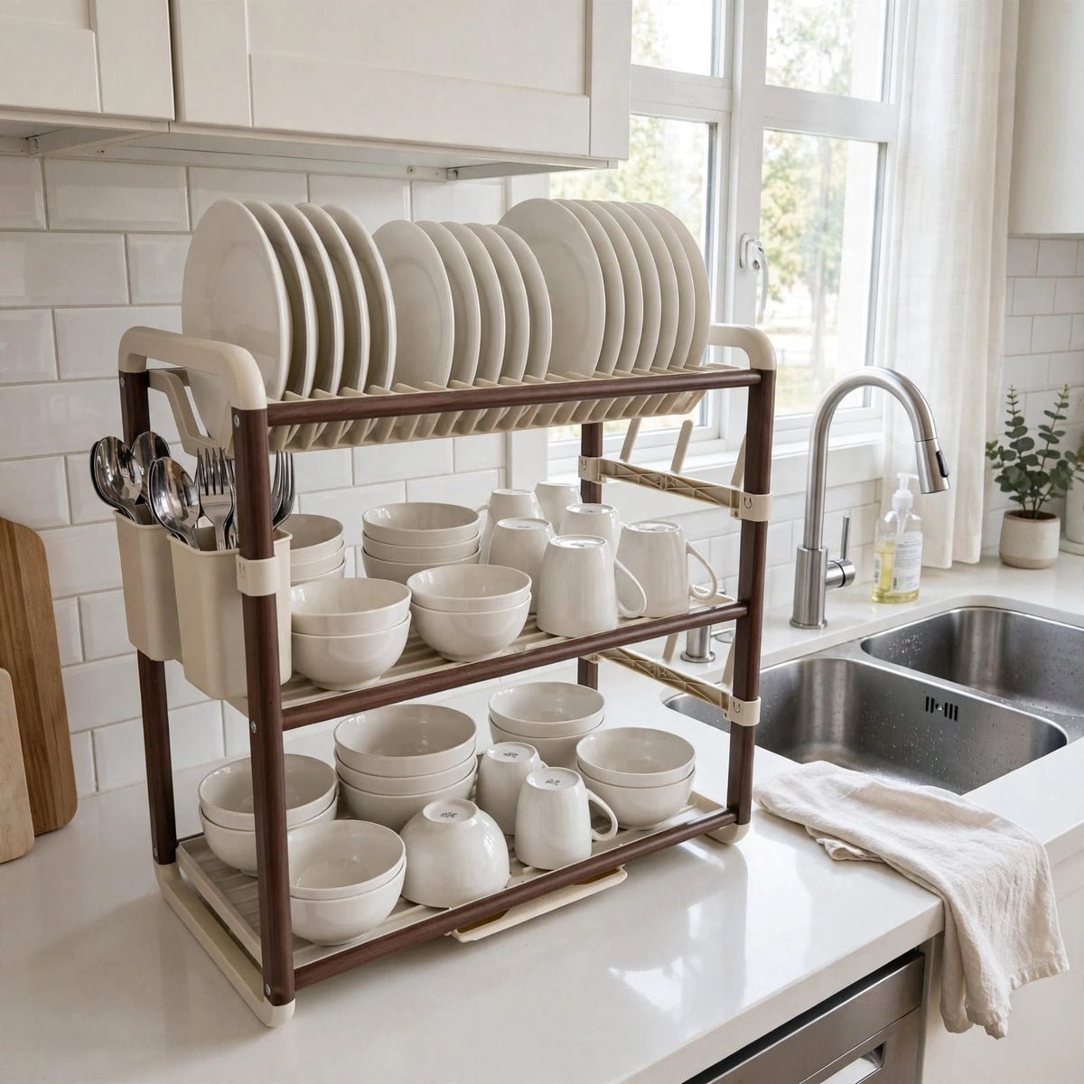 Aluminium Dish Drying Rack with Drainer Tray, Cutlery Holder & Mug Hooks - 2-Tier or 3-Tier Rustproof Dish Rack Kenya