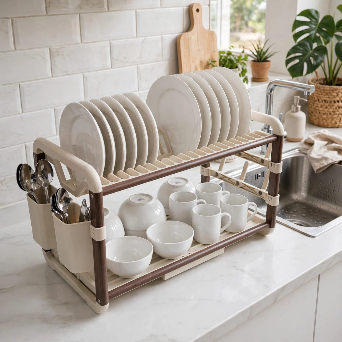 Aluminium Dish Drying Rack Multifunctional Dish Rack, Large Capacity Dish Drainer for Kitchen Counter, Rustproof Dish Drying Rack with Cutlery & Cup Holders