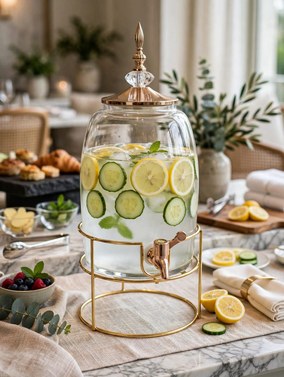 6L Luxury Crown Glass Drink Dispenser with Gold Stand Kenya | Juice and Beverage Dispenser with Gold Lid and Rose Gold Tap for Parties, Chama and Weddings