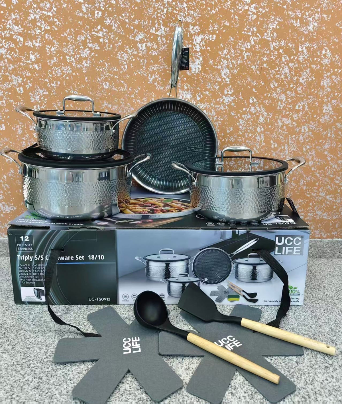 UccLife 12 Piece Triply Stainless Steel Cookware Set Kenya | Ribbed Sufuria Set with 28cm Deep Frying Pan and Lids, Heat Pads, Induction Compatible