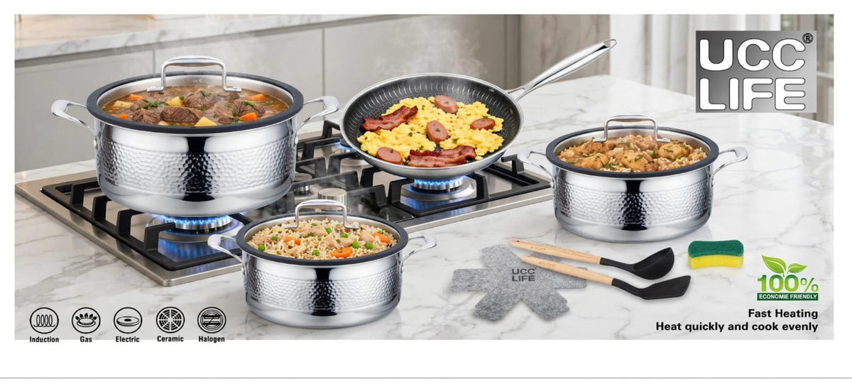 UccLife 12 Piece Triply Stainless Steel Cookware Set Kenya | Ribbed Sufuria Set with 28cm Deep Frying Pan and Lids, Heat Pads, Induction Compatible