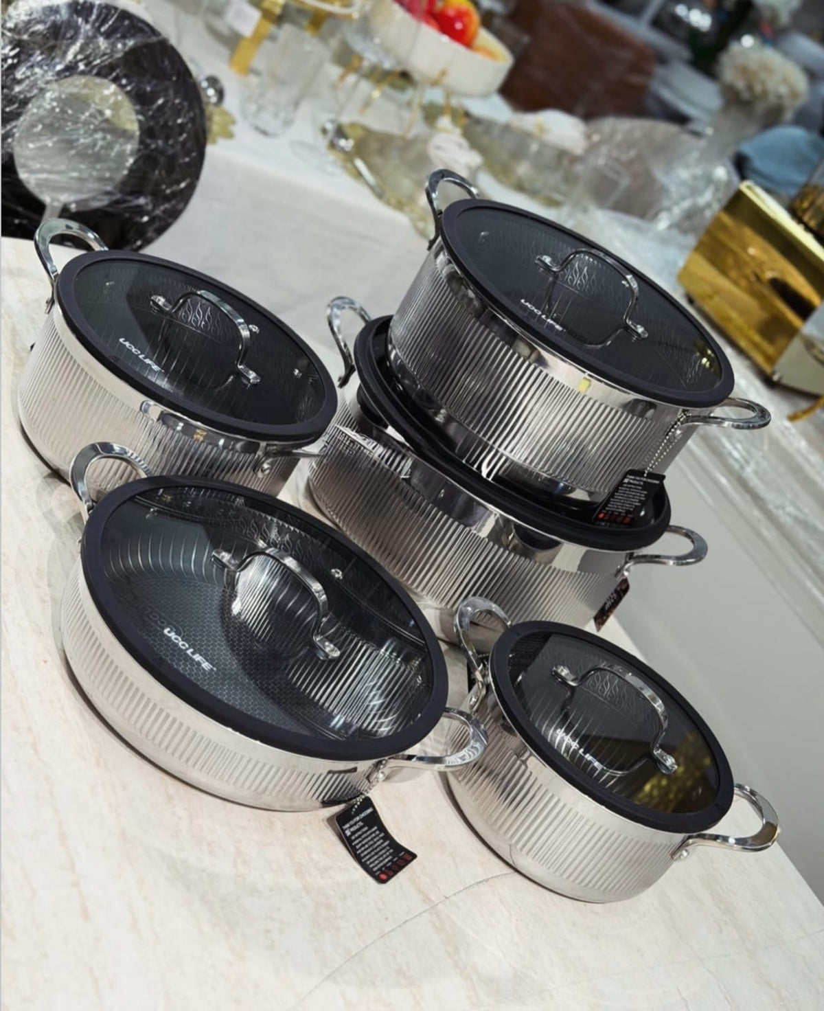 UccLife 15 Piece Triply Stainless Steel Cookware Set Kenya | Ribbed Sufuria Set 20cm to 32cm with Lids, Silicone Spoons and Pot Protector, Induction Compatible