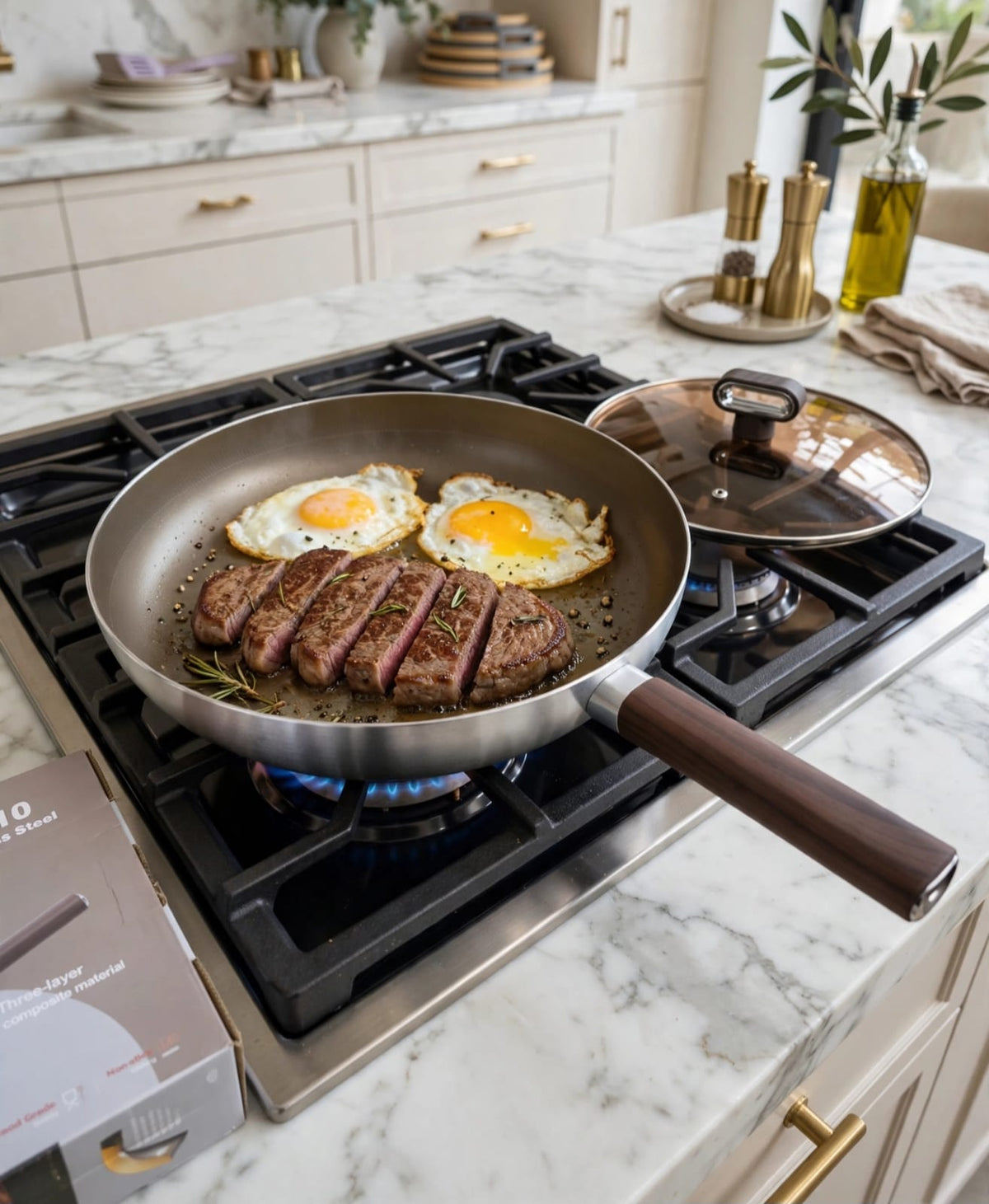 Titanium Non-Stick Triply 18/10 Stainless Steel Frying Pan Kenya | Wood Handle Pan with Amber Glass Lid, 26cm and 28cm, Induction Compatible