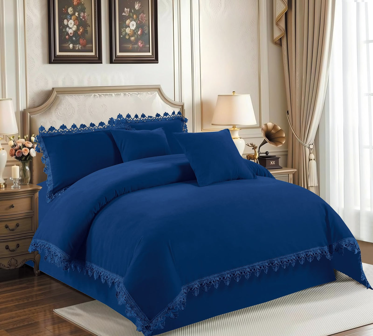 Lace Trim Duvet Set King Size 6x6, Filled Duvet with 2 Lace Edged Pillowcases, Brushed Microfibre, Grey, Beige, White, Blue or Red
