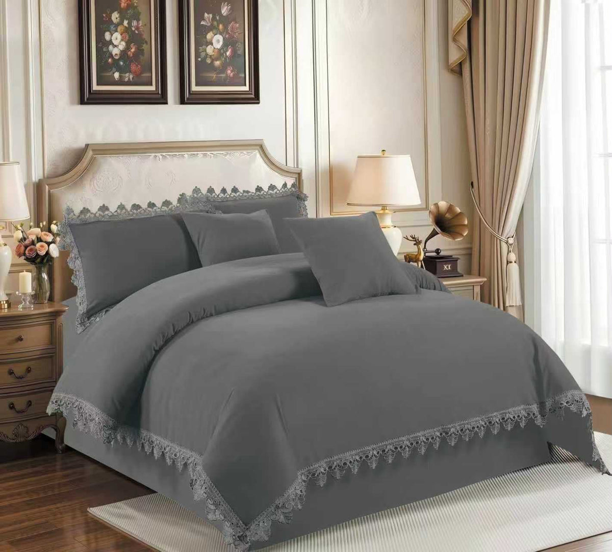 Lace Trim Duvet Set King Size 6x6, Filled Duvet with 2 Lace Edged Pillowcases, Brushed Microfibre, Grey, Beige, White, Blue or Red