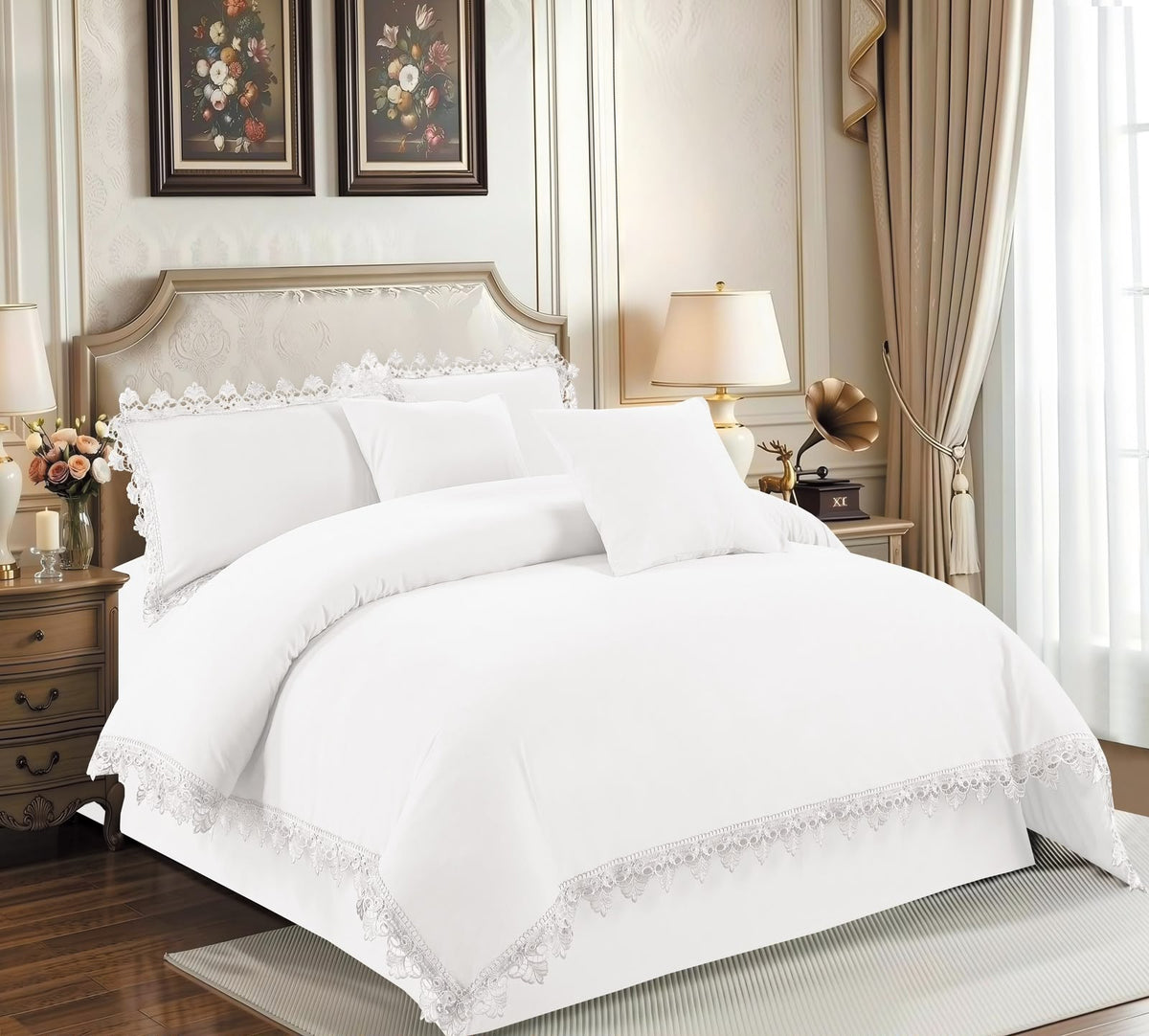 Lace Trim Duvet Set King Size 6x6, Filled Duvet with 2 Lace Edged Pillowcases, Brushed Microfibre, Grey, Beige, White, Blue or Red