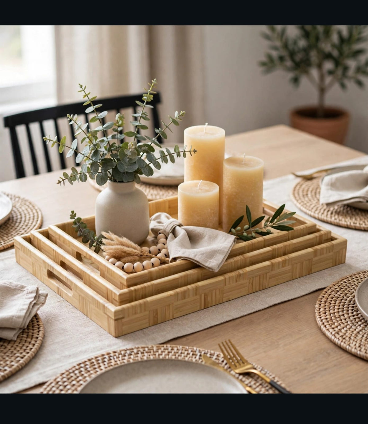 3pcs Bamboo Food Storage & Serving Tray Set with Handles