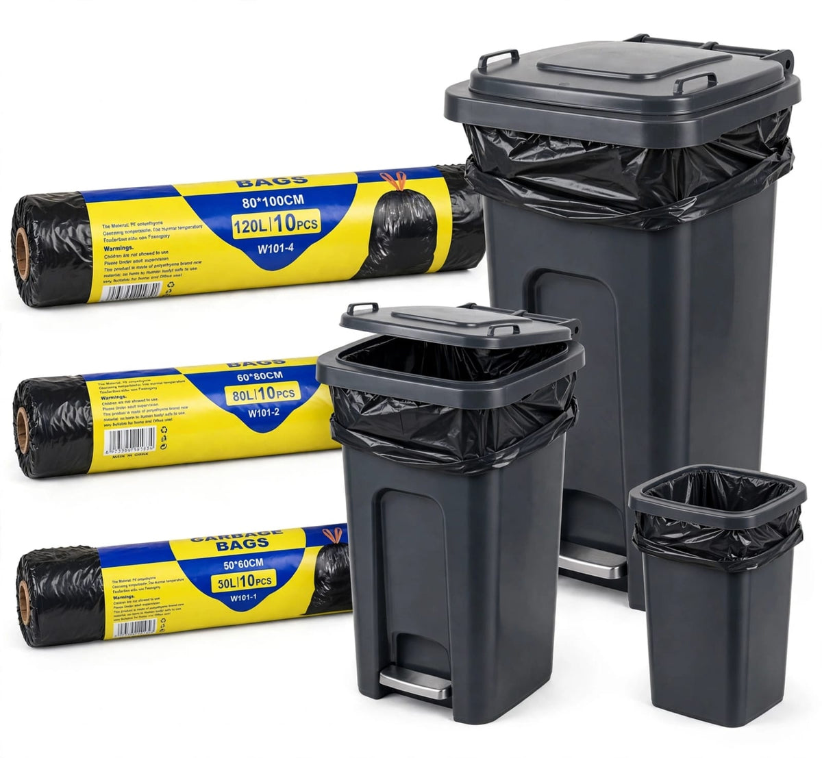 Drawstring Garbage Bags 20 Roll, Thick Black Bin Liners with Red Tie Strings, 30L Bathroom, 80L Kitchen or 120L Jumbo Trash Bags