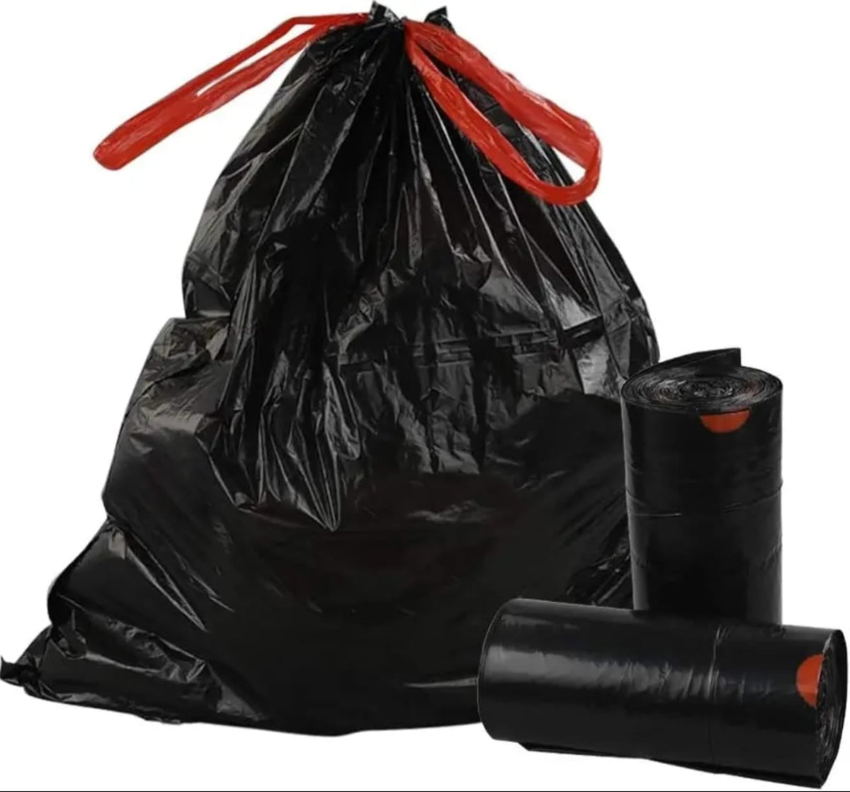 Drawstring Garbage Bags 20 Roll, Thick Black Bin Liners with Red Tie Strings, 30L Bathroom, 80L Kitchen or 120L Jumbo Trash Bags