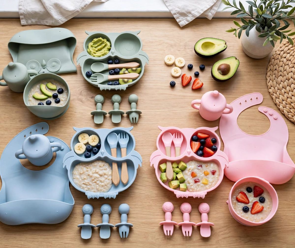 Baby Silicone Feeding Set 6 Piece, Owl Design, Suction Plate and Bowl, Waterproof Bib, Spoon, Fork and Cup for 6 Months Plus