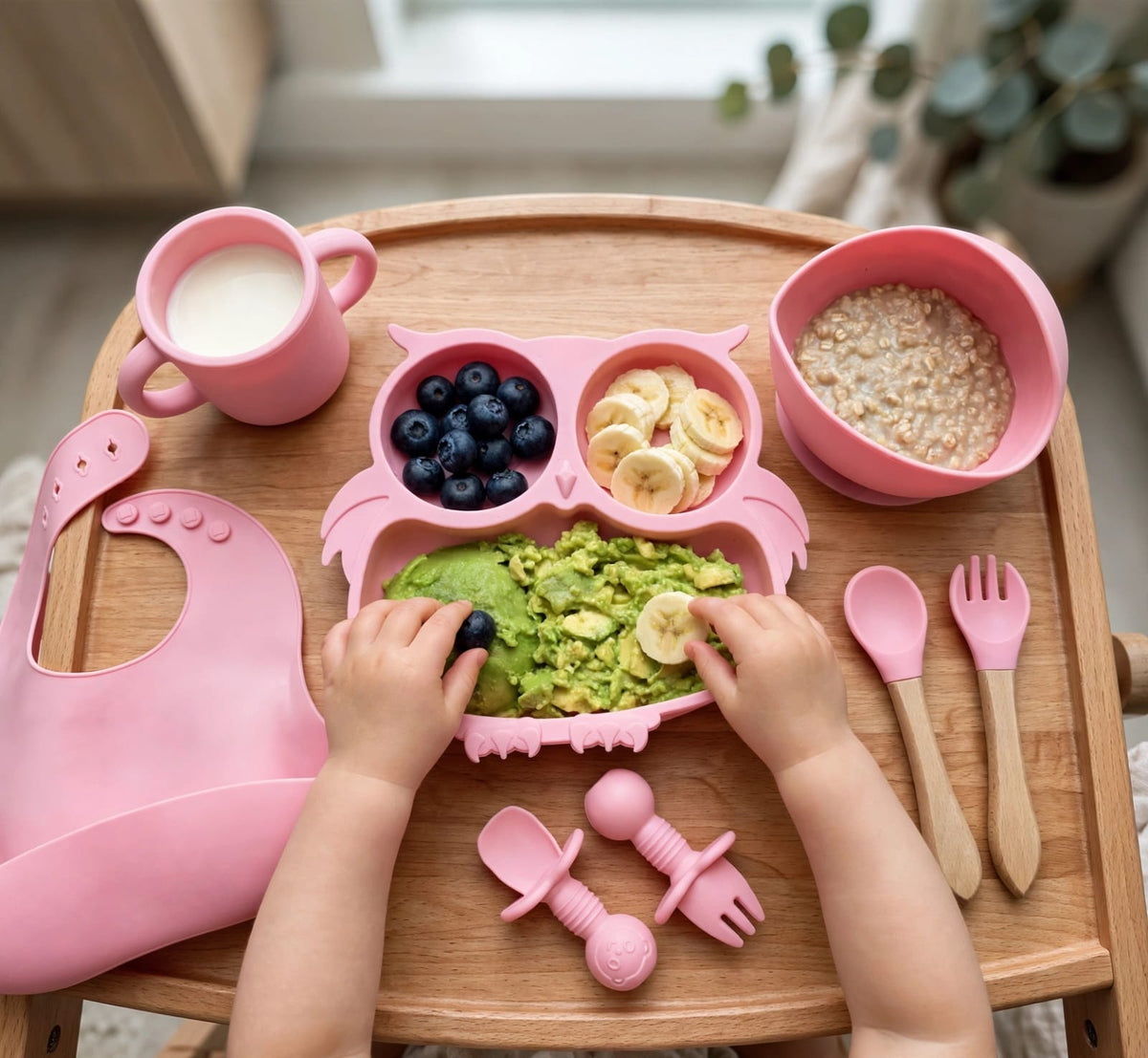 Baby Silicone Feeding Set 6 Piece, Owl Design, Suction Plate and Bowl, Waterproof Bib, Spoon, Fork and Cup for 6 Months Plus