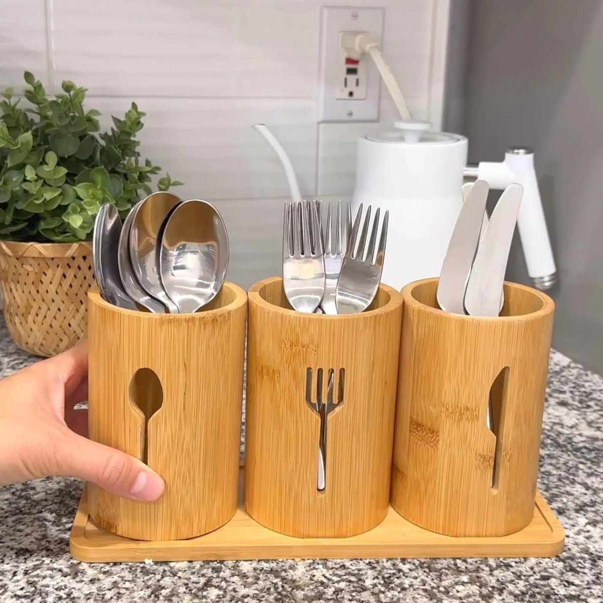 Bamboo Cutlery Holder Set with Tray, 3 Holders for Spoons, Forks and Knives, Countertop Utensil Organiser