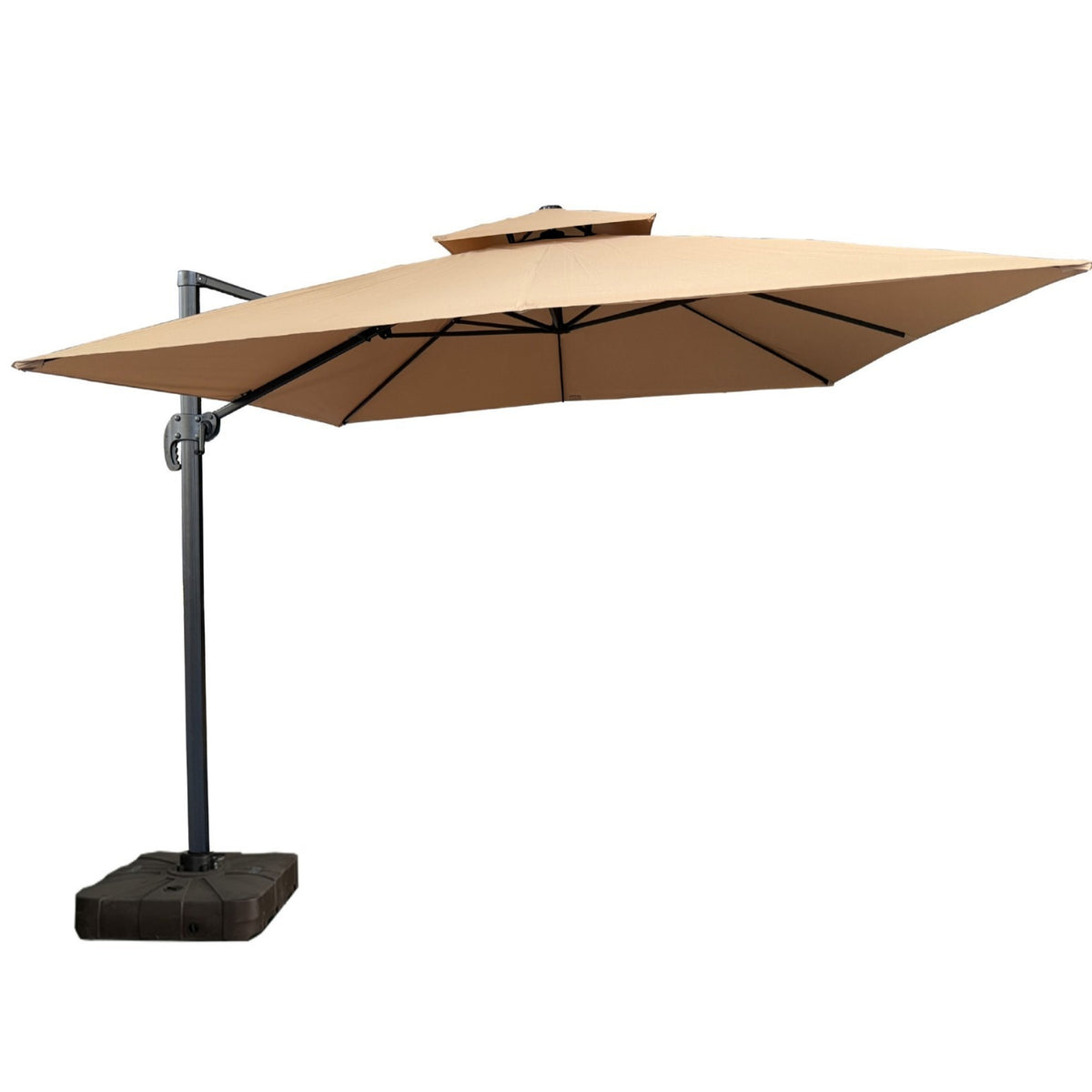 Cantilever Garden Umbrella 3m x 3m, Khaki, with 100L Fillable Square Base | Roman Hanging Patio Umbrella with Double Top Vent and 360 Rotation