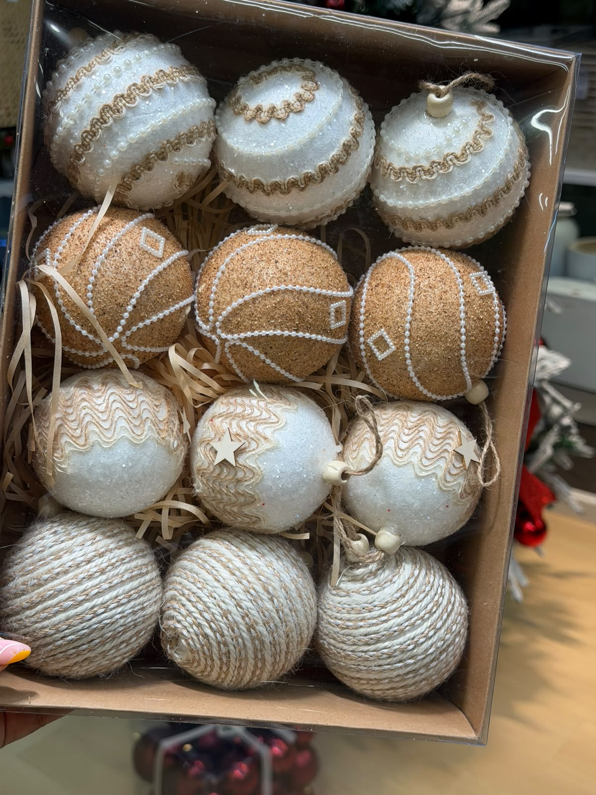 Champagne and Ivory Christmas Baubles Set of 12, 8cm | Pearl, Jute and Rope Christmas Tree Ornaments in Gift Box