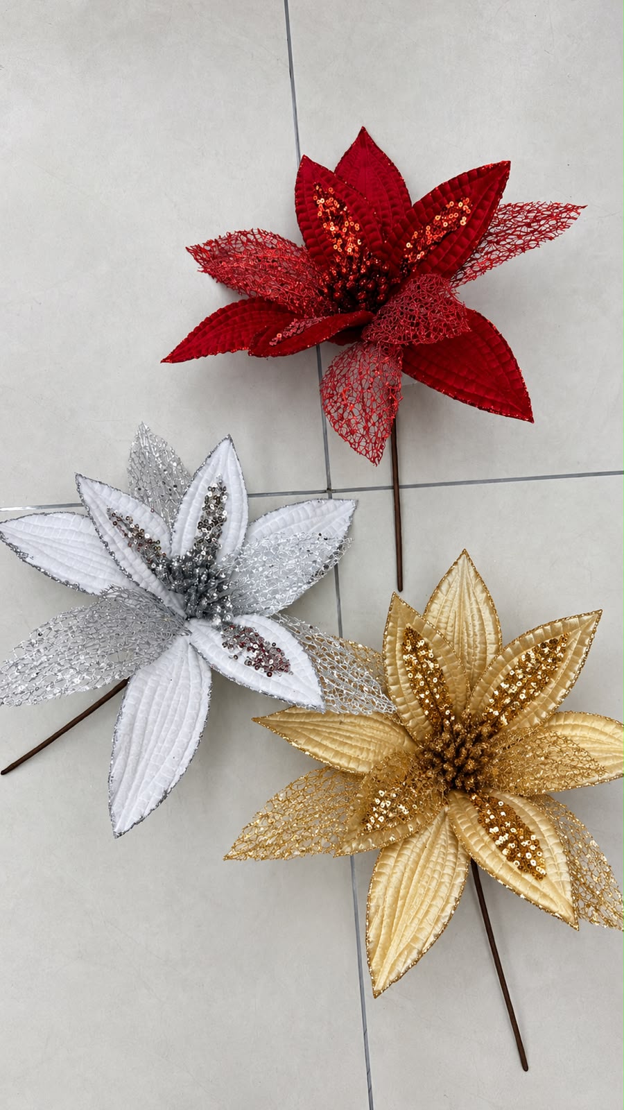 Glitter Poinsettia Christmas Flowers in Red, Gold and Silver | Sequin Velvet Christmas Tree Flower Picks with Stem