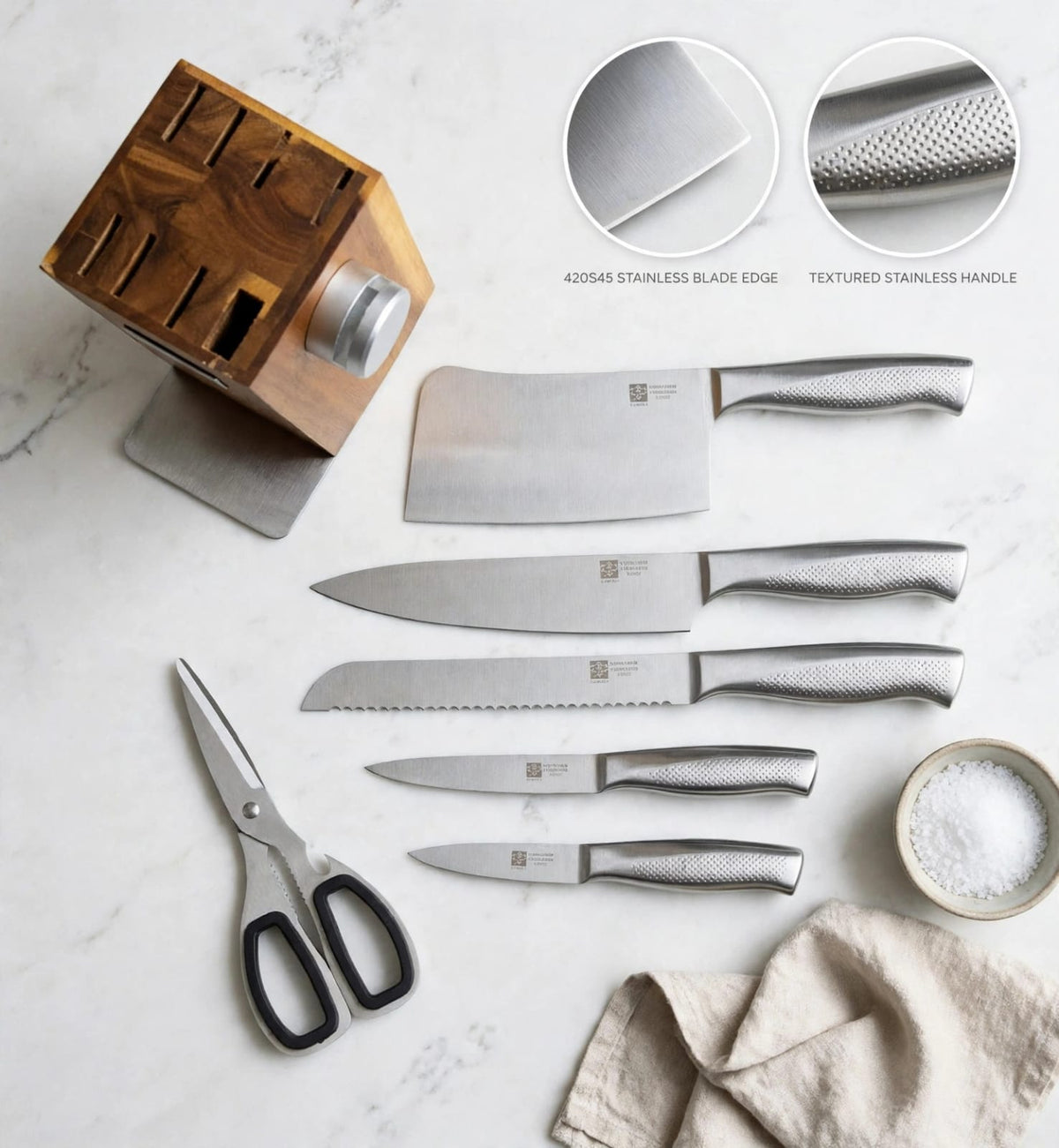 Knife Set 8 Piece with Wooden Block and Sharpening Steel, Hollow Handle Stainless Steel | Chef, Bread, Cleaver, Utility and Paring Knives with Scissors