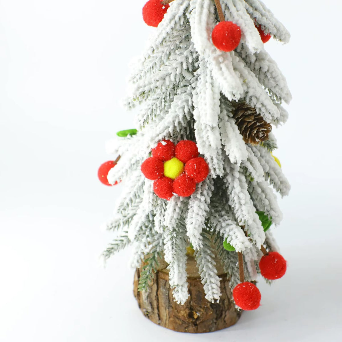 Snow Covered Mini Christmas Tree with Decorations, 25cm or 35cm, Burlap Wrapped Wooden Base | Frosted Tabletop Christmas Tree for Table, Shelf and Mantel