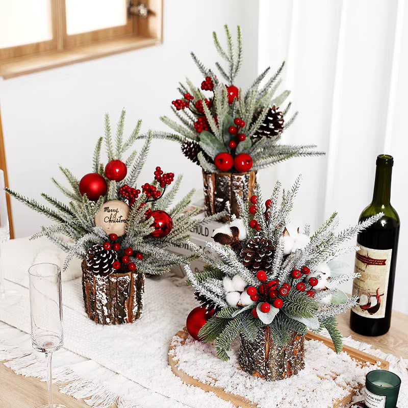 Snow Covered Mini Christmas Tree with Decorations, 25cm or 35cm, Burlap Wrapped Wooden Base | Frosted Tabletop Christmas Tree for Table, Shelf and Mantel